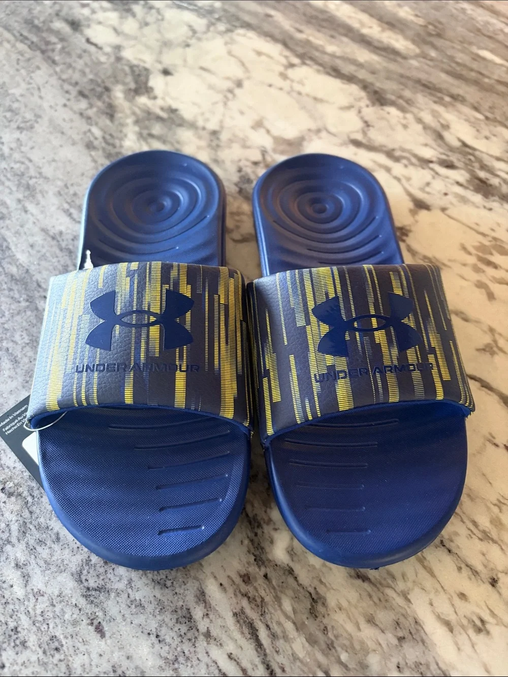 Under Armour Boys' Navy Blue and Yellow Slide Sandals